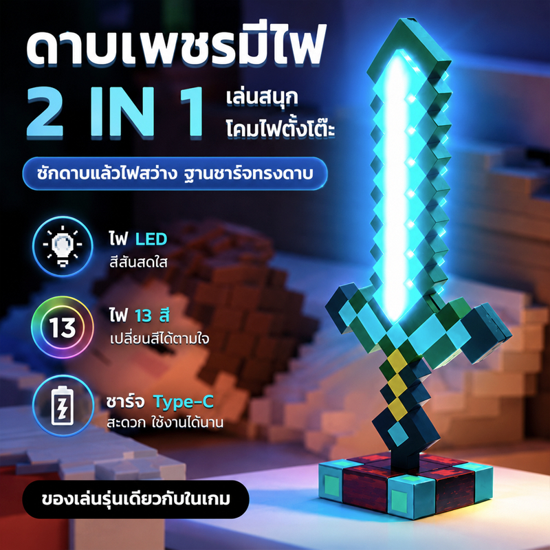 ดาบเพชร ของเล่นเรืองแสง โคมไฟ LED เปลี่ยนสี ชาร์จ USB ของสะสมเกม ตกแต่งห้อง ของเล่นเด็ก