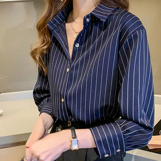 เสื้อเชิ้ตลายทางสีน้ำเงินเข้ม เวอร์ชั่นเกาหลี ทรงหลวม ใส่ทำงาน