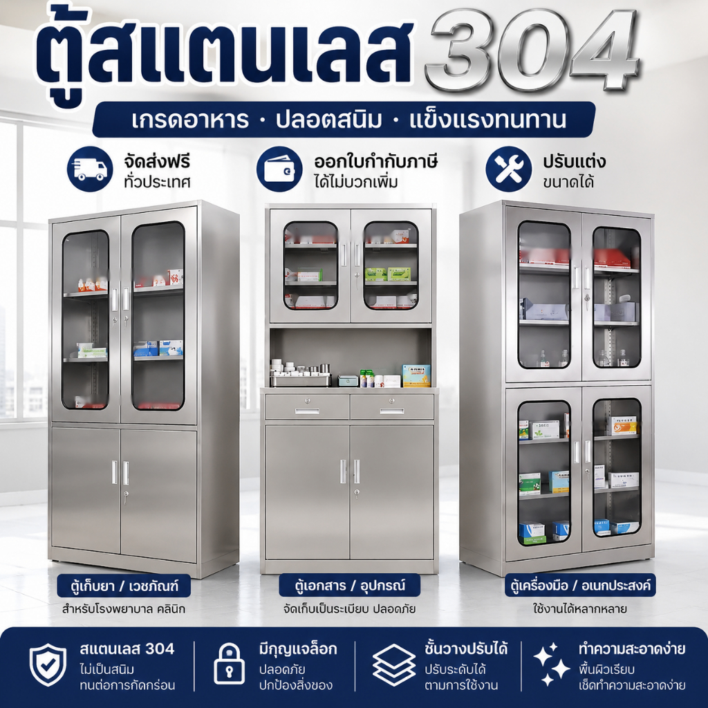 【ขายตรงจากโรงงาน】ตู้สแตนเลส 304 ตู้เก็บยา ตู้เวชภัณฑ์ ตู้เครื่องมือ ตู้เอกสาร ตู้เก็บของ พร้อมกุญแจ