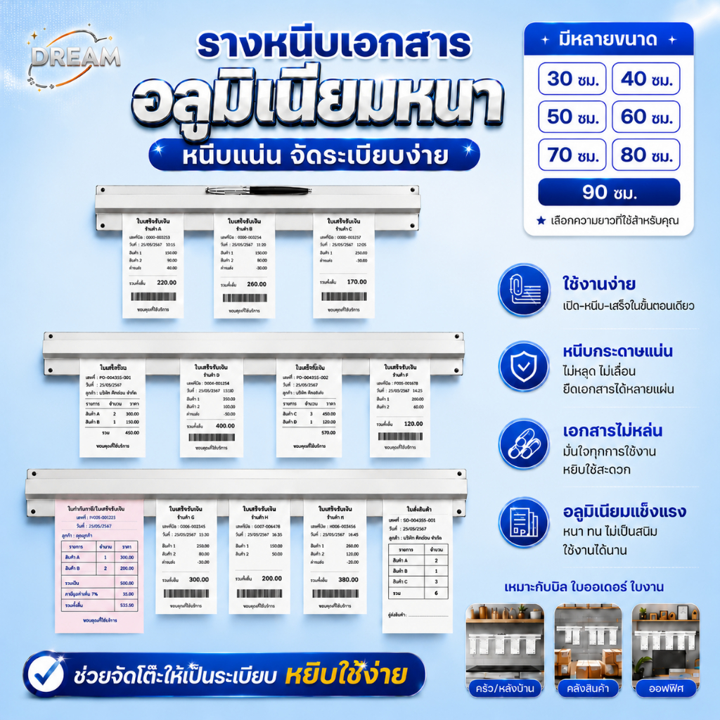 ที่หนีบใบเสร็จอลูมิเนียม รางบิลร้านอาหาร แบบไม่ต้องเจาะรู ใช้หนีบออเดอร์-บิล-กระดาษในครัว ทนทานไม่เป็นสนิม