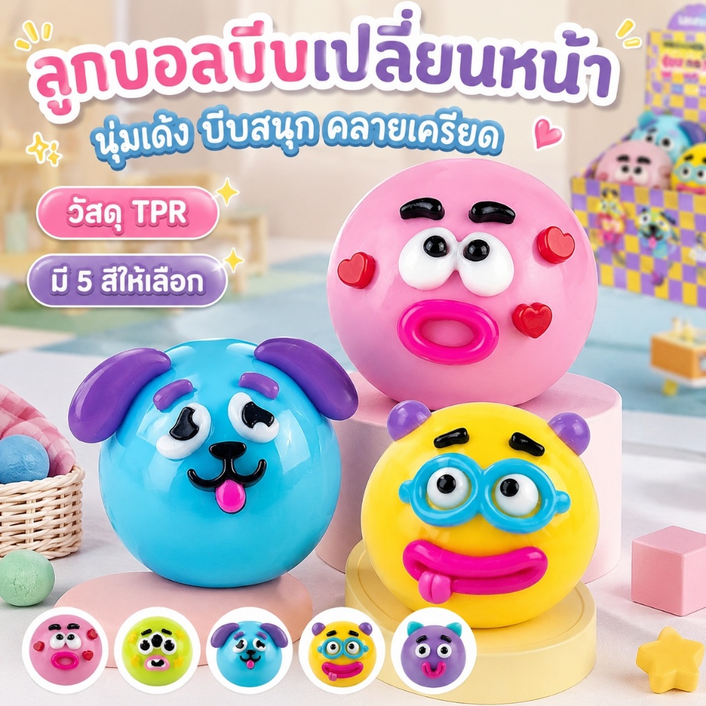 ของเล่นบีบหน้าเปลี่ยน TPR นุ่มเด้ง คืนรูปช้า สกุชชี่หน้าตลก คลายเครียด 5 สี