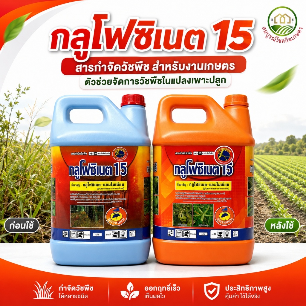 กลูโฟซิเนต 15 แกลลอนสีส้ม สูตรทนฝน ขนาด 4 ลิตร ยาฆ่าหญ้า ทำให้หญ้าตายเป็นฟาง ใช้กับหญ้าทุกชนิด ระยะปลอดฝน 3 ชั่วโมง