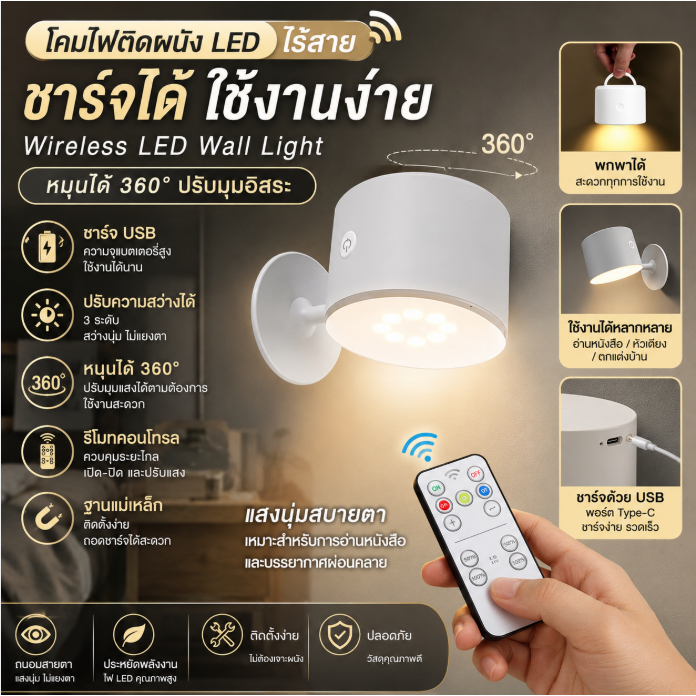 ไฟติดผนัง LED ไร้สาย ชาร์จ USB ปรับความสว่างได้ หมุน360° พร้อมรีโมท โคมไฟอ่านหนังสือ