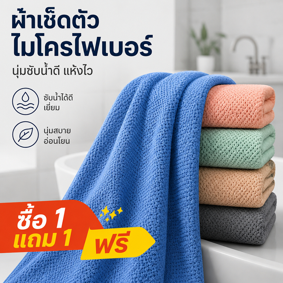 【ซื้อ1แถม1】ผ้าขนหนู ผืนใหญ่ 70x140 ซม. ป้องกันเชื้อแบคทีเรีย เนื้อนุ่ม ซับน้ำดี แห้งเร็ว ดีไซน์สวย ใช้งานได้จริง