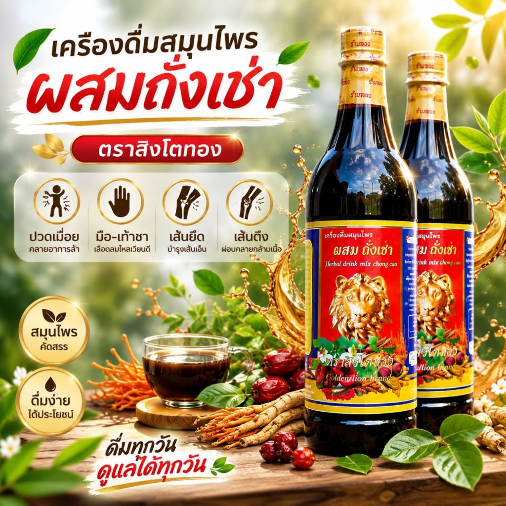 เครื่องดื่มสมุนไพรผสมถั่งเช่า ตราสิงโตทอง บำรุงร่างกาย เลือดไหลเวียนได้ดี คลายปวดเมื่อย