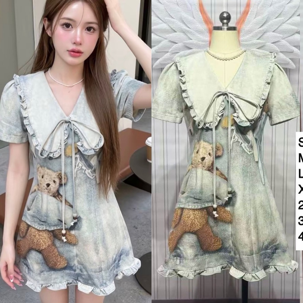 (4xl) เดรสยีนส์ คอปก ลาบหมี น่ารัก งานป้าย chalita