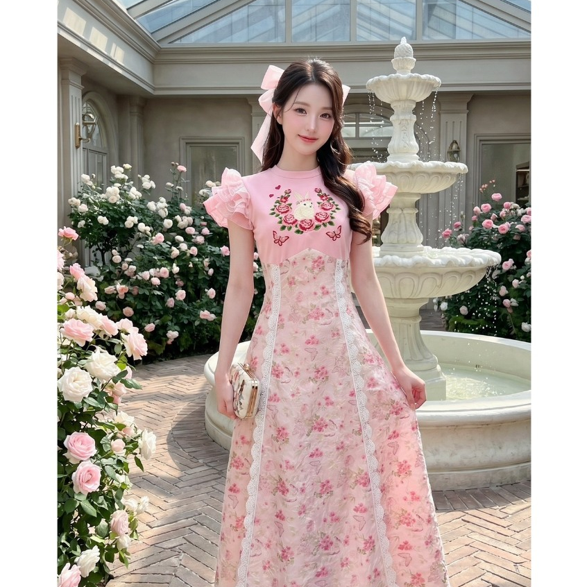 (มี3XL) สีชมพู Ploy Pailin Vintage Dress เดรสยาวผ้าคอตตอนตัดต่อ คัตติ้งเอวใต้อก แต่งงานปัก แขนระบาย ซิปหลัง
