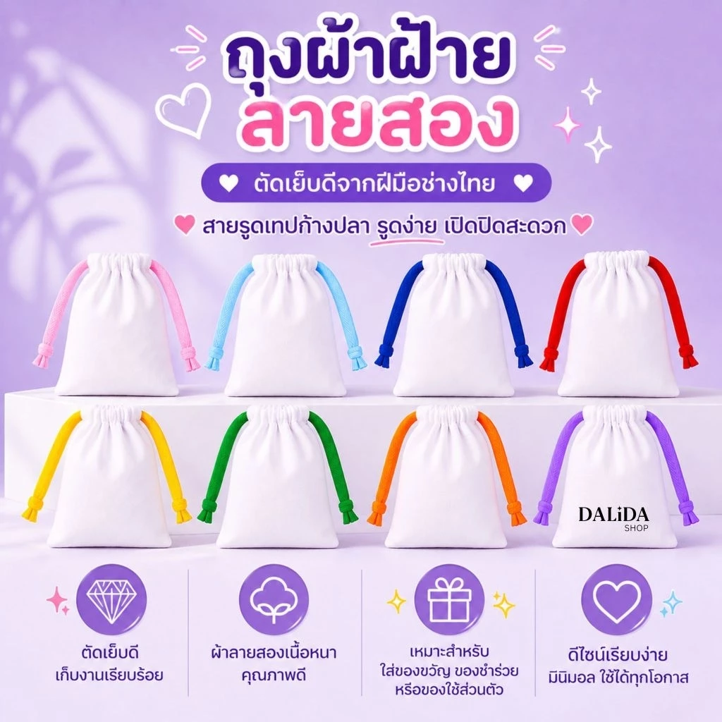 ถุงผ้าฝ้ายลายสอง สีขาวออฟไวท์ สายรูดเทปก้างปลา ไม่รับสกรีน