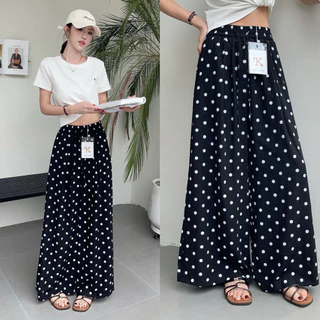 Reallyshops #9525(K) กางเกงขายาวลายจุด Polka dot เอวยางยืด ผู้หญิง พร้อมส่ง
