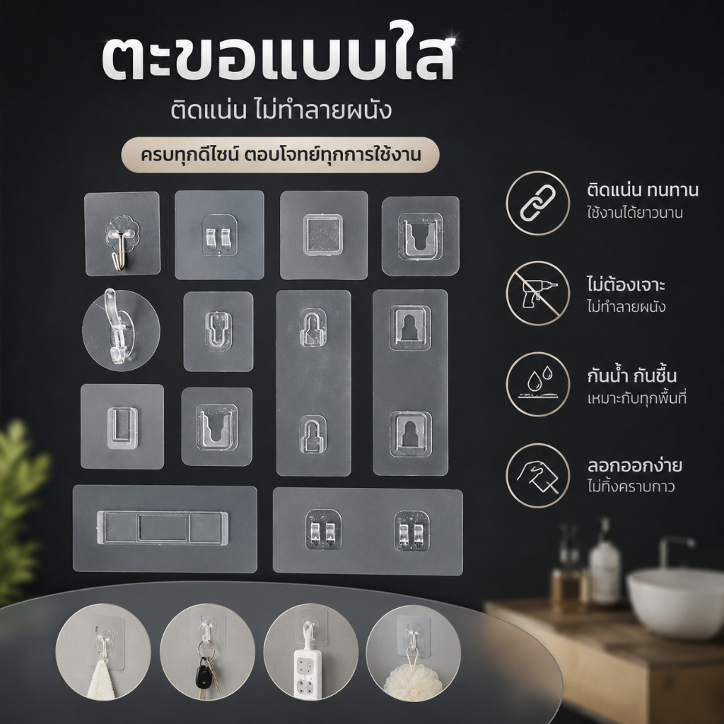 ส่งด่วน แผ่นกาวตะขอคู่ แผ่นกาวติดผนัง ไม่ต้องเจาะ สำหรับแขวนชั้นวางของ ตะกร้า ที่แขวนในห้องน้ำ ห้องครัว