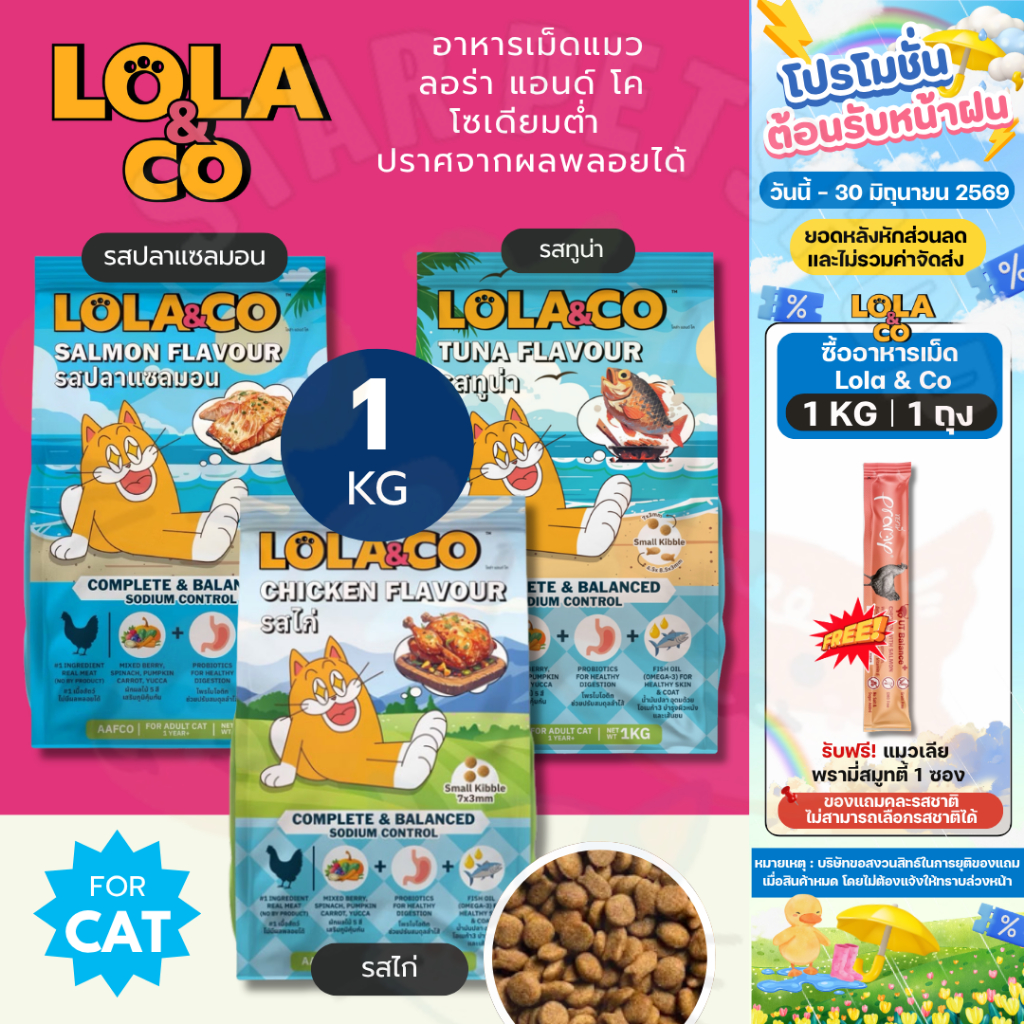 Lola&Co ลอร่า แอนด์ โค อาหารแมวแบบเม็ดพรีเมียม เนื้อไก่ และทูน่า ดูแลไต ควบคุมโซเดียม ปราศจากผลพลอยได้ 1 กิโลกรัม