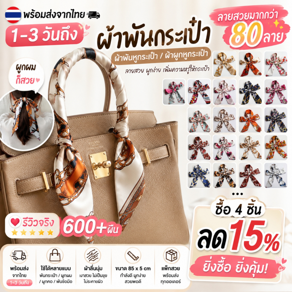 พร้อมส่งจากไทย ผ้าพันหูกระเป๋า 85 ซม. ผ้าซาตินลายแฟชั่น ผูกโบว์กระเป๋า ผูกผมได้ A0002