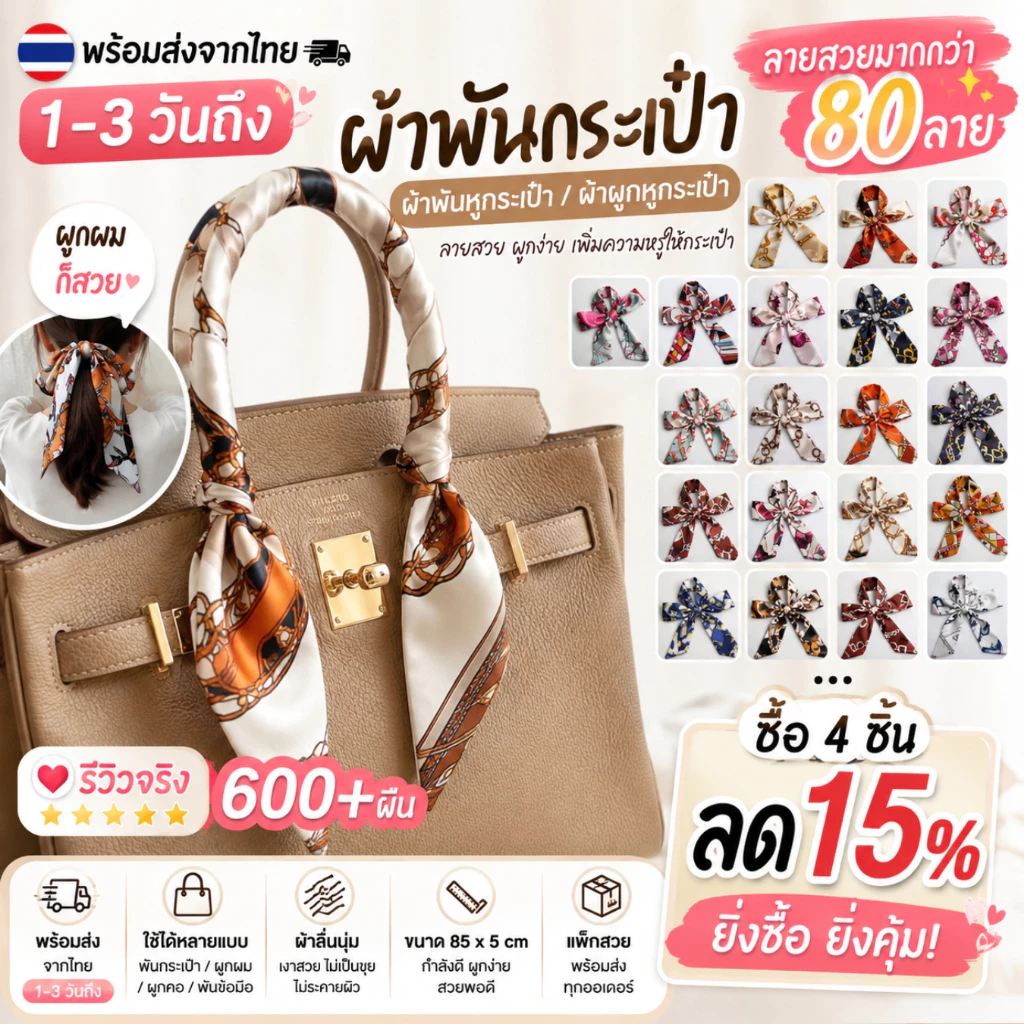 พร้อมส่งจากไทย ผ้าพันหูกระเป๋า 85 ซม. ผ้าซาตินลายแฟชั่น ผูกโบว์กระเป๋า ผูกผมได้ A0002