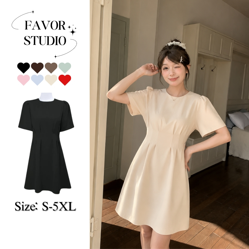 [S-5XL] ชุดเดรสผู้หญิง แต่งจีบ สีพื้น สไตล์ลำลอง แฟชั่นชุดเดรสไซส์ใหญ่ เดรสสั้นเข้ารูป แขนพอง พร้อมส่งในไทย สาวอวบ✨