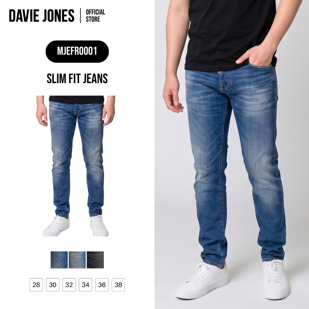 DAVIE JONES [BE FEARLESS] กางเกงยีนส์ผู้ชาย Slim Fit Jeans สีน้ำเงิน น้ำเงินฟอก ดำ FR0001