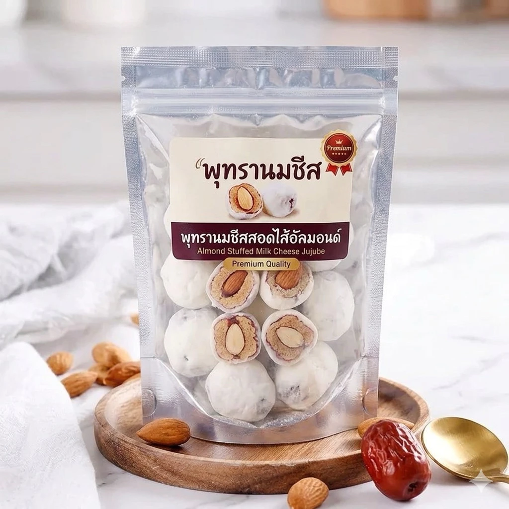พุทรานมชีสสอดไส้อัลมอนด์ หอมนมชีส เคี้ยวหนึบ 500g บรรจุ 1 ถุง พร้อมส่งในไทย ซีลแยกทุกลูก