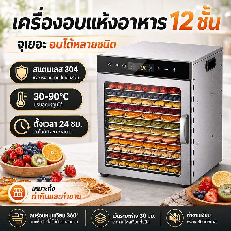 เครื่องอบแห้งอาหาร 12 ชั้น สแตนเลส 304 ตั้งเวลาได้ สำหรับผลไม้ เนื้อ สมุนไพร
