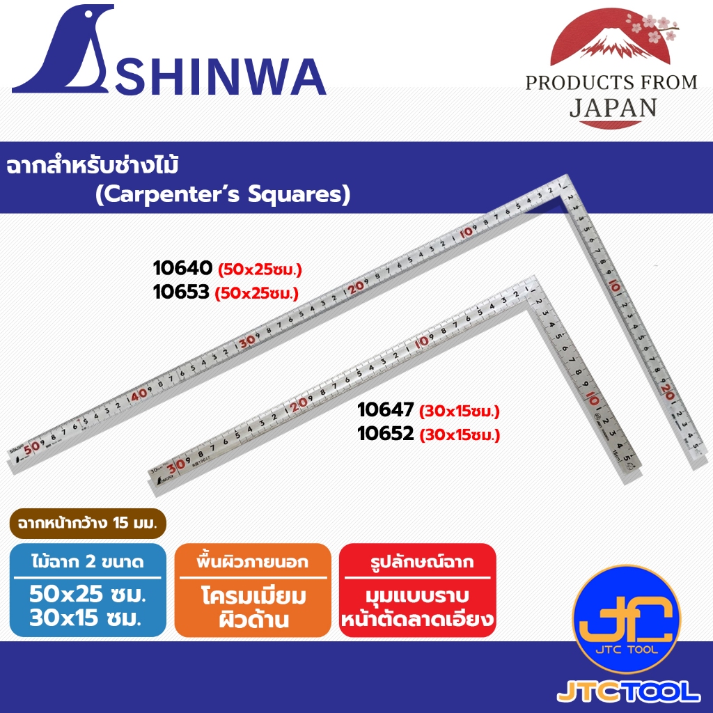 Shinwa ไม้ฉากสแตนเลส รุ่นมุมแบบราบหน้าตัดลาดเอียง ชุบฮาร์ดโครม - Carpenter's Square Flat Coner Hard Chrome Finish