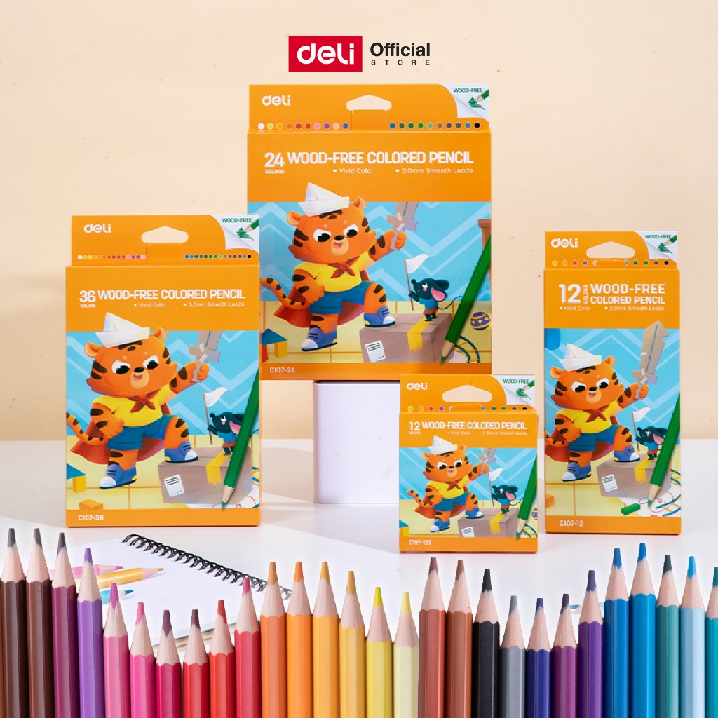 ดินสอสีไม้ Deli C107 WOOD-FREE 12/24/36 สี สีไม้ ระบายลื่น สีสด เหลาง่าย ไม่หัก ใช้งานสะดวก