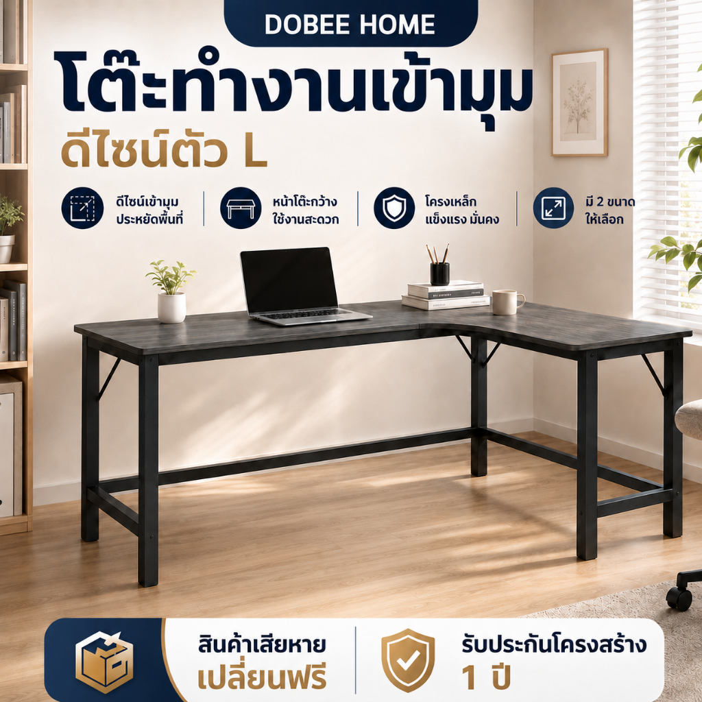 DOBEE HOME โต๊ะทำงานเข้ามุมตัว L โต๊ะคอมพิวเตอร์ โต๊ะเกมมิ่ง โครงเหล็ก ประหยัดพื้นที่ สไตล์โมเดิร์น