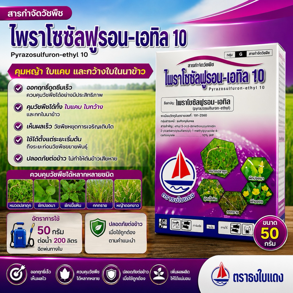ไพราโซซัลฟูรอน-เอทิล10%WP เคน-รูส บรรจุ 100 กรัม กำจัดวัชพืชใบกว้างและกก ใช้หลังวัชพืชงอกในข้าวนาหว่านน้ำตม 7-15วัน