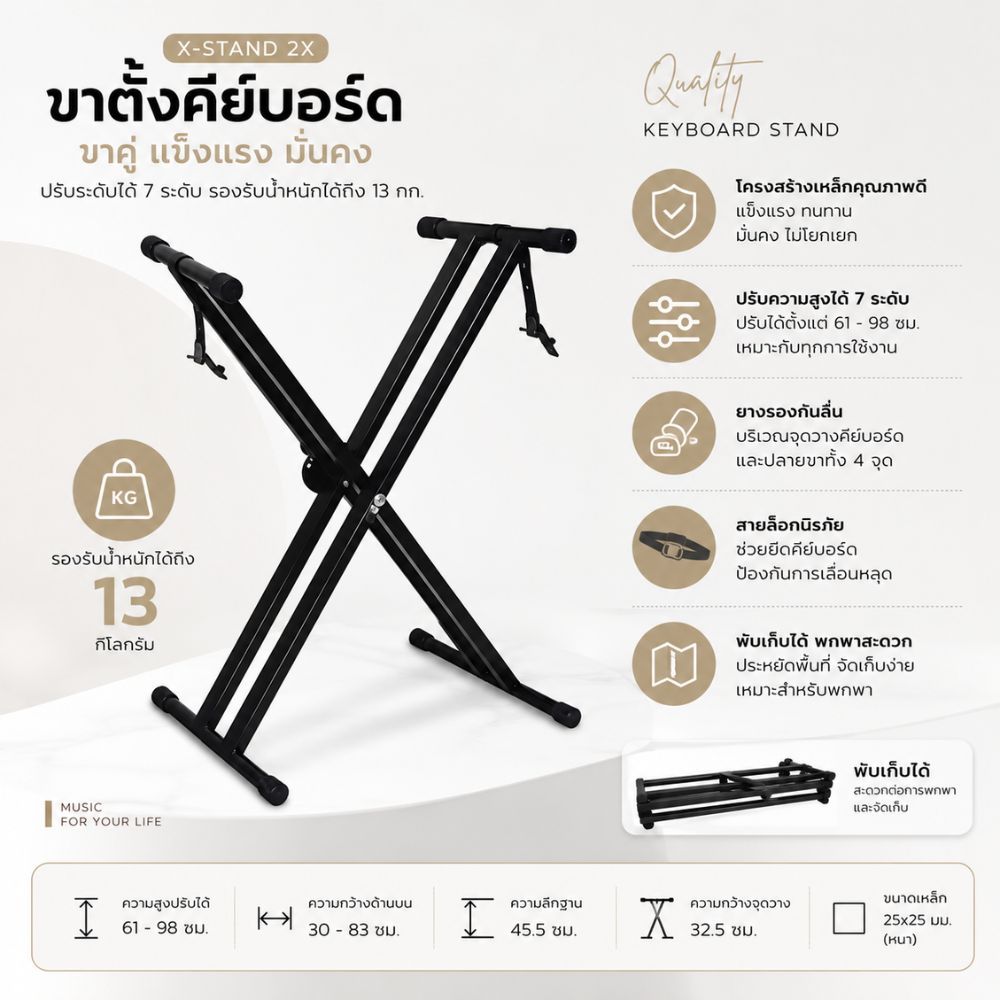 Gion-ขาตั้งคีย์บอร์ด X-Stand แบบขาคู่ 2X ปรับระดับได้ รองรับน้ำหนัก 13 กก. พับเก็บง่าย แข็งแรง ใช้งานได้หลากหลาย