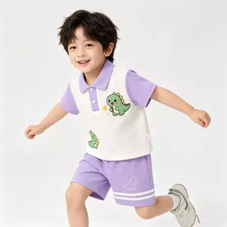 ชุดเด็กคอปกไดโนเสาร์น่ารัก เสื้อโปโลแขนสั้น+กางเกงขาสั้น ผ้านุ่ม ระบายอากาศดี