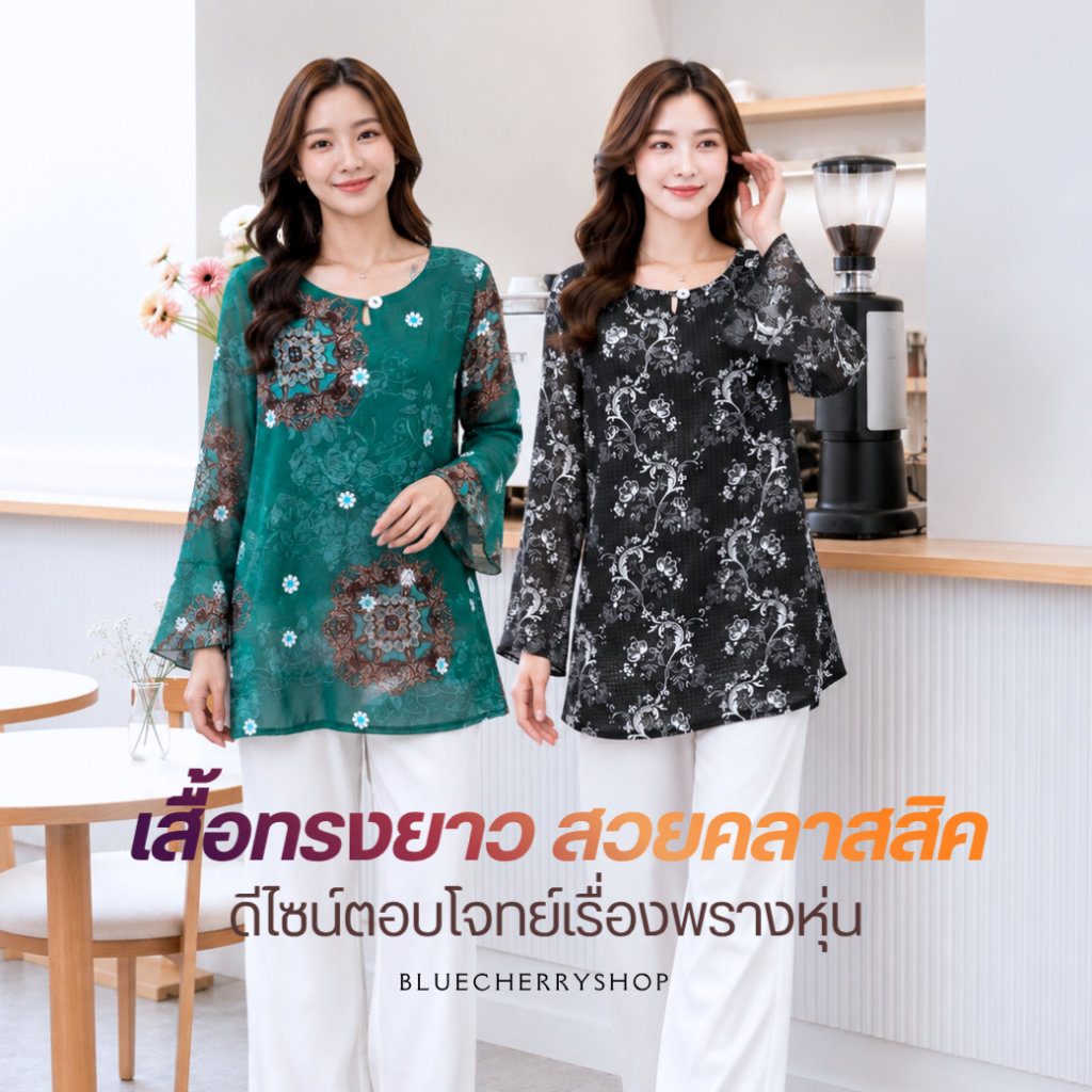เสื้อชีฟองเนื้อทราย มีซับใน รุ่นอันดา เสื้อทรงยาว สวยหมือนสั่งตัด มีไซส์รอบอก38-46 นิ้ว Brand Bluecherry แบรนด์คนไทยผลิต