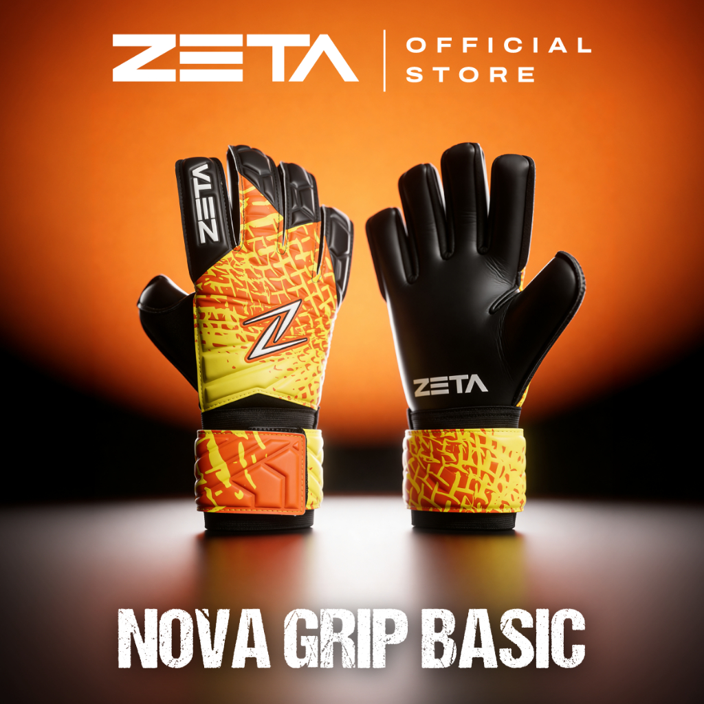 ZETA ซีต้า ถุงมือผู้รักษาประตู รุ่น NOVA GRIP BASIC สีดำ/ส้ม *Grip แน่น เซฟมั่นใจ ในงบสบายกระเป๋า* BLACK/ ORANGE