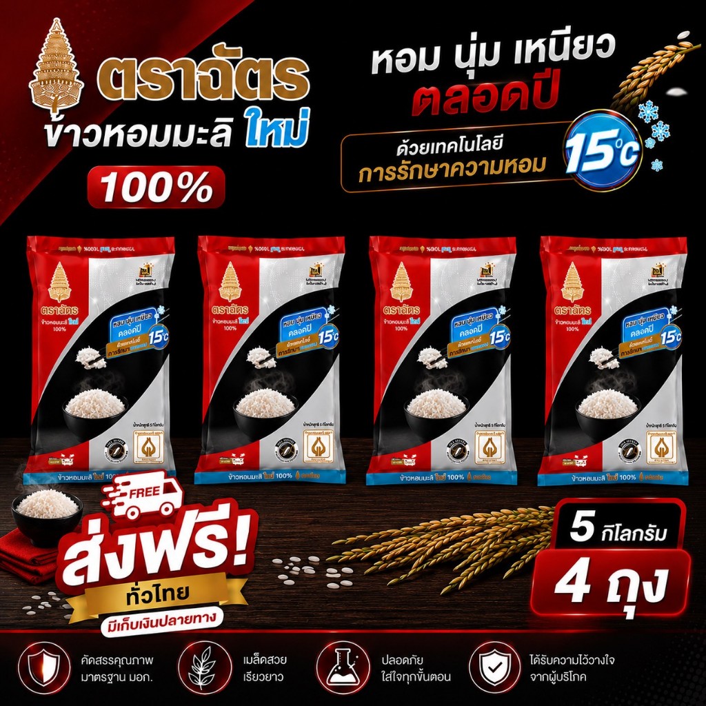 ข้าวตราฉัตรแดงดำ ข้าวหอมมะลิใหม่ 100% 5กก. 4ถุง