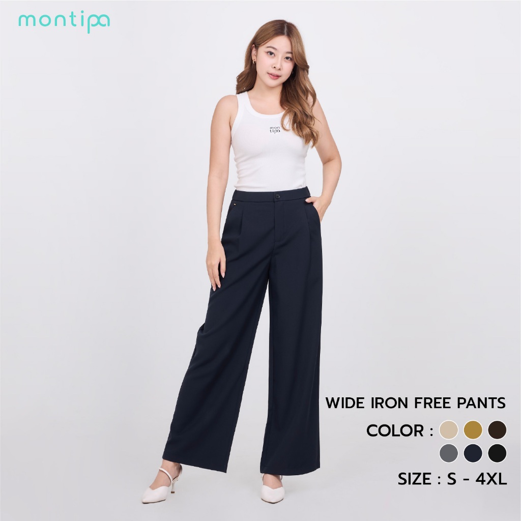 Montipa Wide Iron Free Pants กางเกงทรงกระบอก กระดุมหน้า เอวยางยืดด้านหลัง ผ้า Iron Free RGPWI33