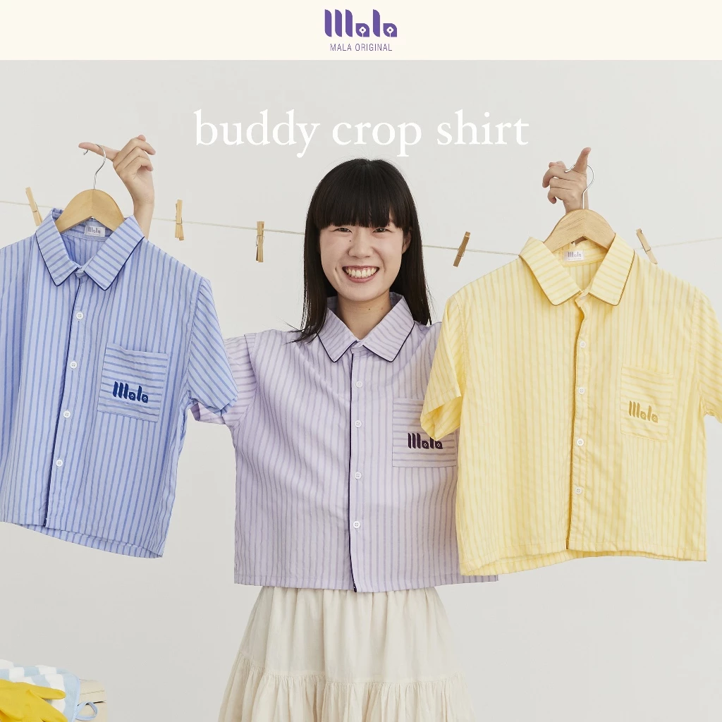 MalaOriginal |【3 สี】Buddy Stripe Crop Shirt เสื้อเชิ้ตครอป แขนสั้น ลายทาง 3 สี สุดคิ้วท์ มีกระเป๋าหน้า งานปักโลโก้แบรน