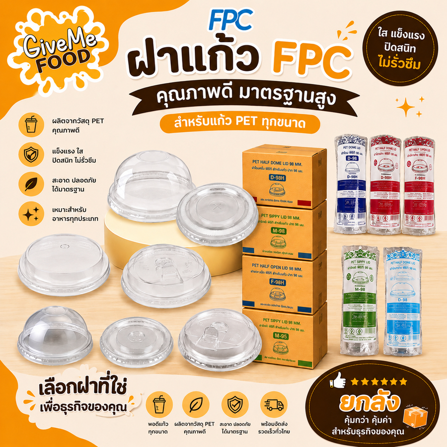 ยกลัง FPC ฝาพลาสติก โดม/ยกดื่ม/ฮาล์ฟ/ชาชีส/วิปครีม (R95) เจาะรู/จุกเปิด-ปิด/เปิดครึ่ง 100ใบ