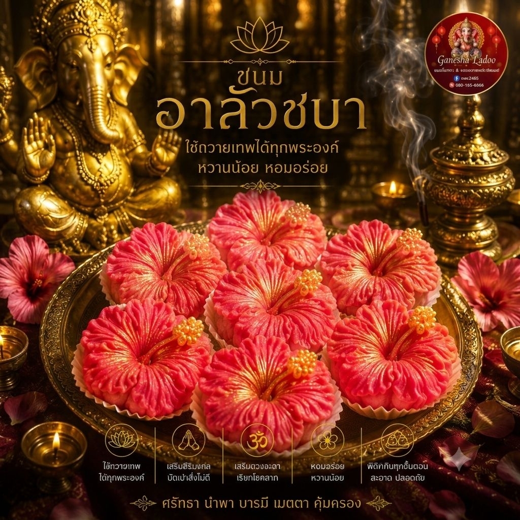 อาลัวดอกชบาแดง ดอกใหญ่ หวานน้อย ขนมถวายพระพิฆเนศ  ขนมถวายเทพฮินดู ชุดถวายมงคล