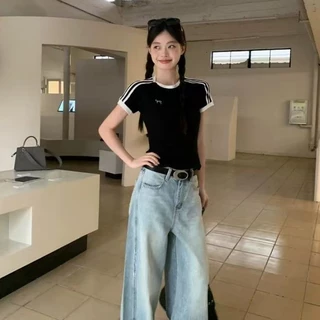 เสื้อยืดแขนสั้นลายทางต่อชิ้น สไตล์อเมริกัน ตัวสั้นทรงกระชับ ซ่อนหุ่นดูผอม สไตล์สาวเปรี้ยว ฤดูร้อนผู้หญิง