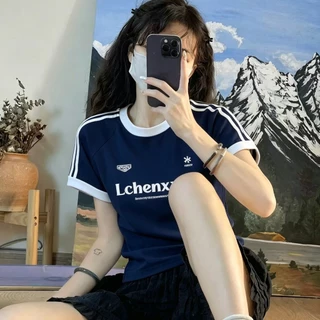 เสื้อยืดลายทางต่อชิ้น สไตล์อเมริกัน ทรงกระชับซ่อนหุ่น ตัวสั้นสไตล์สาวเปรี้ยว ผู้หญิงฤดูร้อน