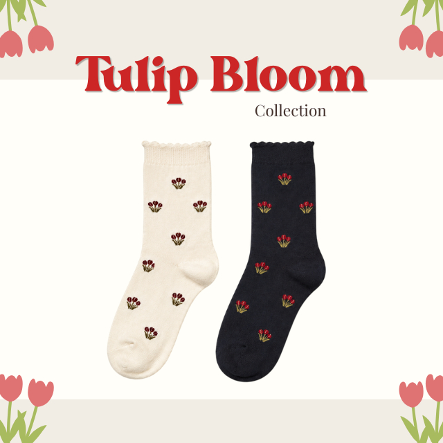 🖤🌷 ถุงเท้าข้อกลางลายดอกทิวลิป โทนขาวดำ คอลเลคชั่น "Tulip Bloom" 🌷🖤