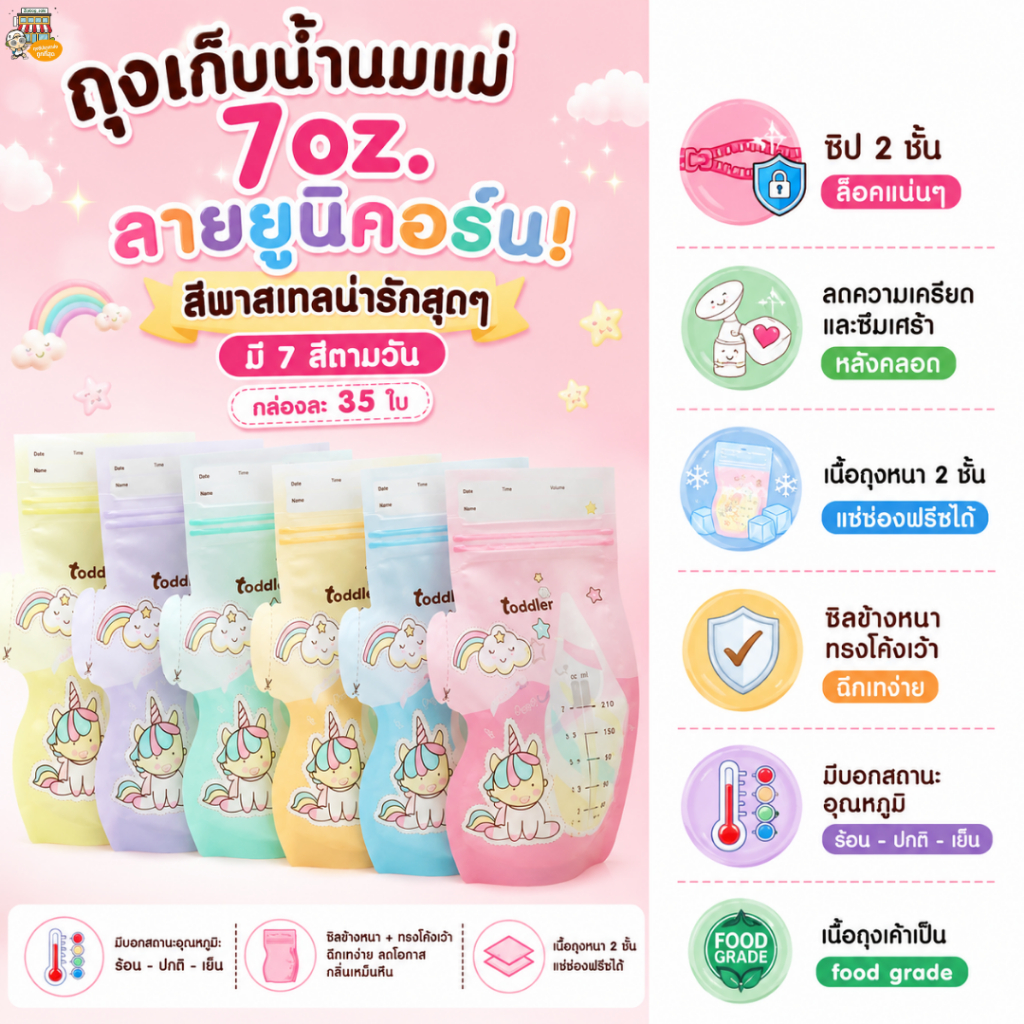 ถุงเก็บน้ำนมแม่ Toddler รุ่นยูนิคอร์น กันกลิ่นหืน สีพาสเทล พรีเมี่ยมหนา 7 ออนซ์ 7 ลาย (35 ใบ)