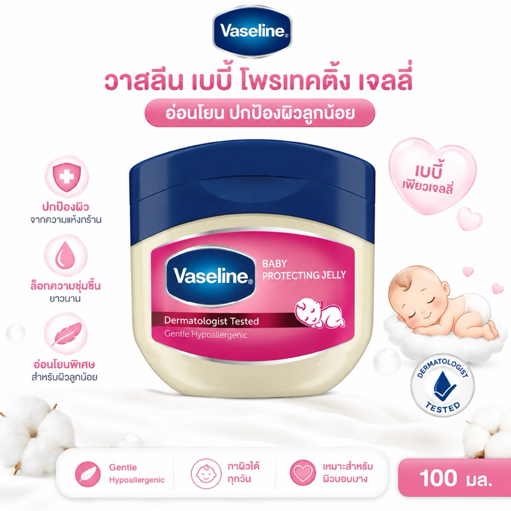 [1กระปุก/แพ็ค3กระปุก]วาสลีนปิโตรเลียมเจลลี่ เบบี้เพียวเจลลี่ 100ml.