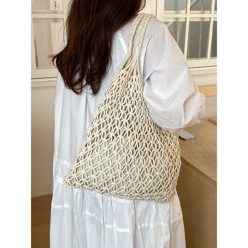 [พร้อมส่ง] กระเป๋าเชือกสานตาข่ายทำมือ กระเป๋าสะพาย กระเป๋าฟาง กระเป๋าชายหาด มีซับใน