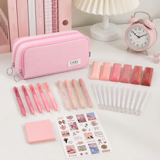 CAWL ชุดเครื่องเขียน: กระเป๋าใส่ปากกา ปากกาเจล(หมึกสีดำ) ไส้ปากกา(สีน้ำเงิน) ปากกาเน้นข้อความ เทปลบผิด โน้ตติด สติกเกอร์