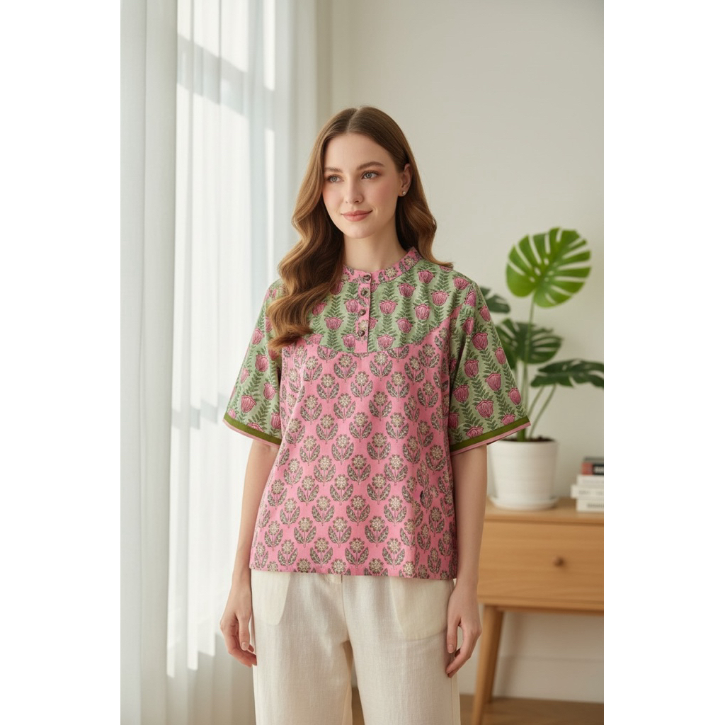 งานผ้าคอตตอนอินเดียเนื้อนิ่ม XL44เสื้อ คอจีนโปโลแขนสั้นผู้หญิงผ้าแมตช์ทูโทนแบบอบอุ่น งานผ้าคอตตอนอินเดียเนื้อนิ่ม