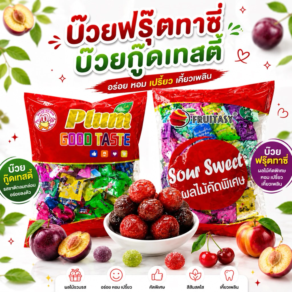 บ๊วยรวมรส กู๊ดเทสตี้ และ บ๊วยฟรุ๊ตทาซี่ ทานเล่นเคี้ยวเพลิน ถุง 1 กิโล