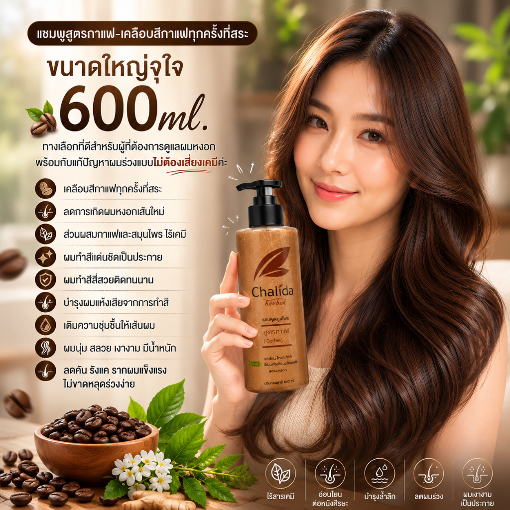 (แก้หงอกด้วยธรรมชาติ)แชมพูสูตรกาแฟลกและชะลอผมหงอก ได้ผลจริง! ขนาด600ml. สระพร้อมเคลือผมขาวได้ทุกวัน