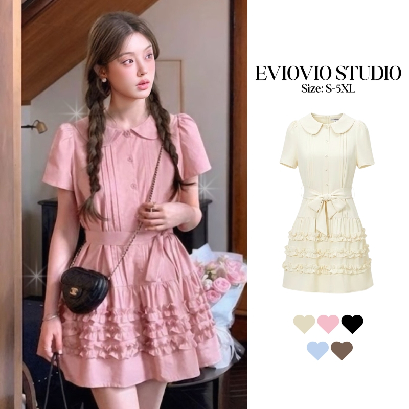 เติมของแล้ว😍【EVIOVIO】S-5XL🐰เดรสคอบัว แขนสั้น เชือกผูกเอวเข้ารูป กระโปรงระบาย 3 ชั้น เดรสสาวอวบ ชุดสาวพลัสไซส์ พร้อมส่ง❣️