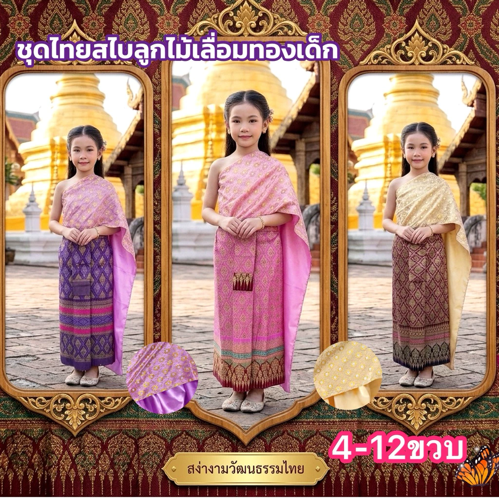 (พร้อมส่ง) ชุดไทยเด็ก สไบเลื่อมทอง ผ้าถุงคอตตอนพิมพ์ทอง (4-12ขวบ)