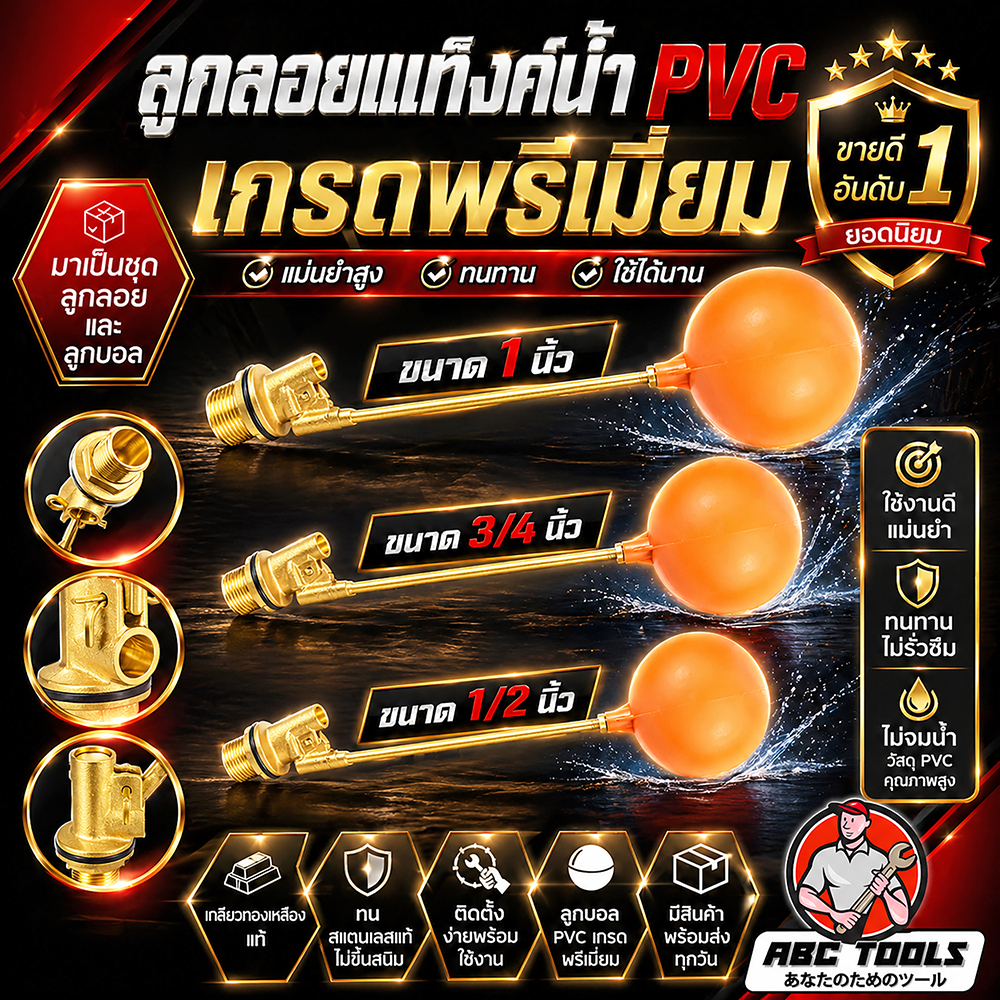 ลูกลอยแท้งค์น้ำ ก้านงอ PVC ครบชุด ABCX มี 3 ขนาด 1/2 นิ้ว 3/4 นิ้ว 1 นิ้ว ลูกลอย แท้งค์น้ำ ลูกลอยพร้อมก้าน แข็งแรง ทนทาน