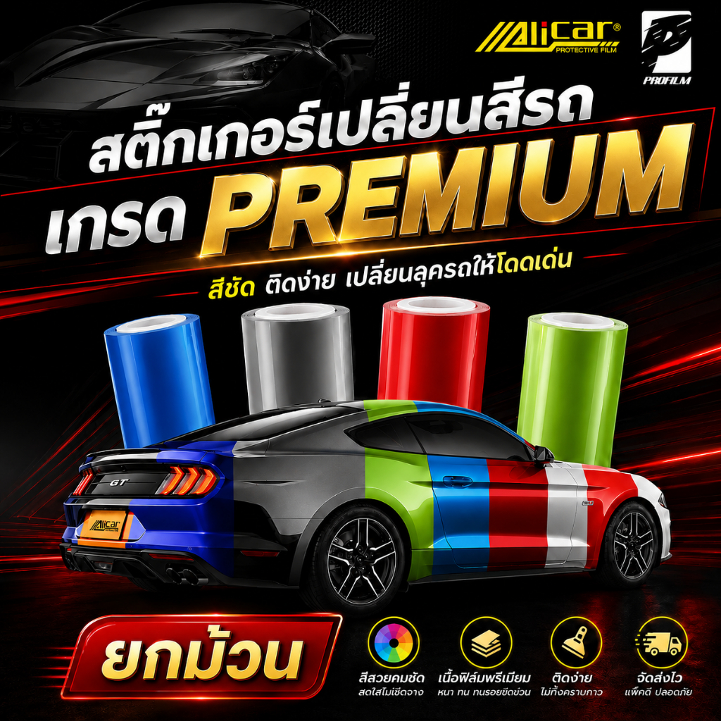 สติ๊กเกอร์เปลี่ยนสีรถ ALICAR PET ยกม้วน (พร้อมส่ง/พรีออเดอร์) ฟิล์มเปลี่ยนสีรถ สติ๊กเกอร์แร็ปรถติดตั้งง่ายทำได้ด้วยตนเอง