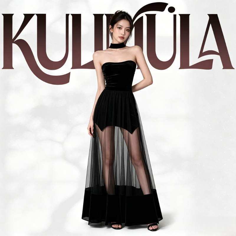 KULIMULA ชุดเดรสยาวตาข่าย สีดำ ทรงรัดรูปดีเทลคอหอย ลุคเซ็กซี่หรูหรา เหมาะใส่ไปงานเลี้ยงหรือปาร์ตี้สุดเท่ YD60