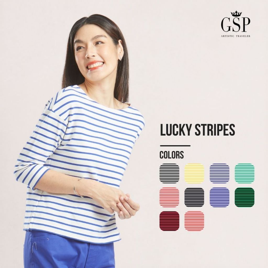 GSP Lucky Stripes Collection เสื้อยืดลายทางผู้หญิง แขนสามส่วน Smart Casual